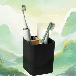 Triple-Slot Bamboo Holder – Black Bathroom Stand